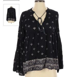 Luck Brand Women's Black Comfort V-neck Teal Paisley Blouse Size Small